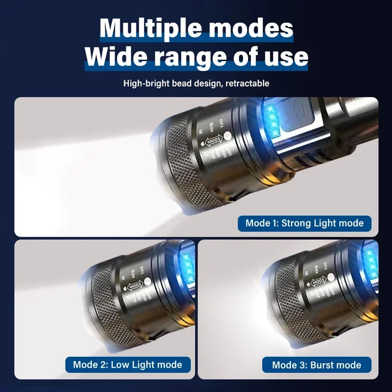 Lanternas LED de alta potência e forte 2000LM Lanterna tática com luz de exibição Carregamento USB Camping Pesca Lanterna de emergência com zoom