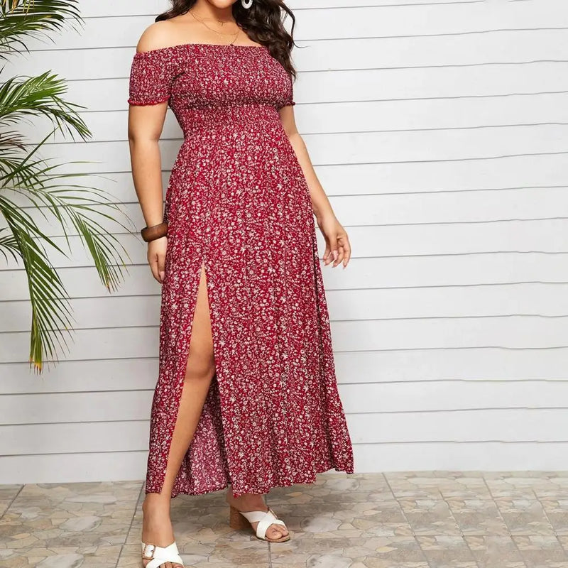 Vestido longo Plus Size com elástico no peito, costura fina, estilo boêmio