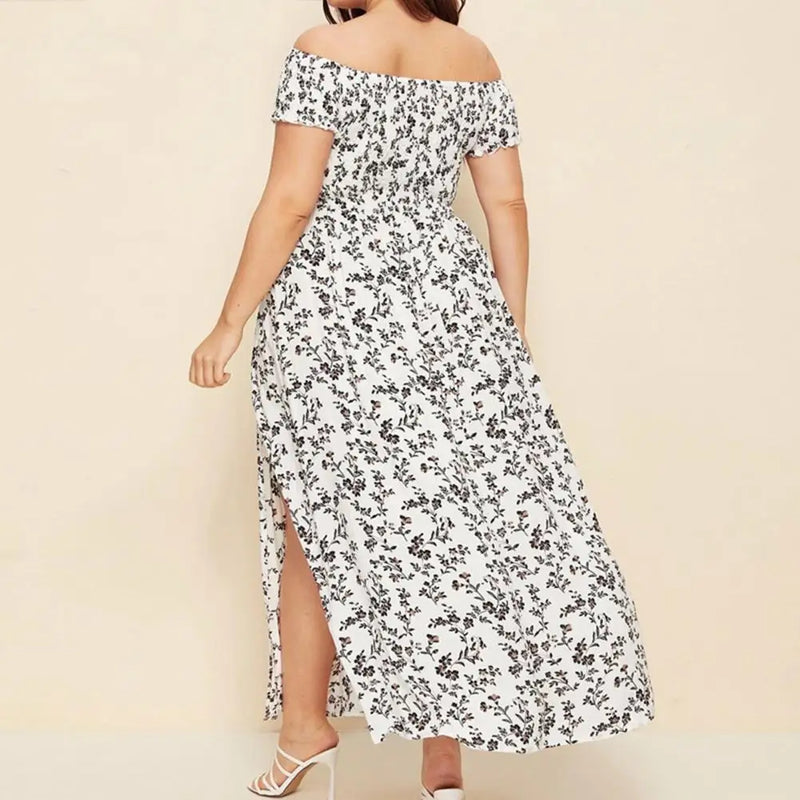 Vestido longo Plus Size com elástico no peito, costura fina, estilo boêmio